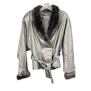 Black Belted Faux Fur Collar Jacket Wilson’s Leather Size M Festival Y2K